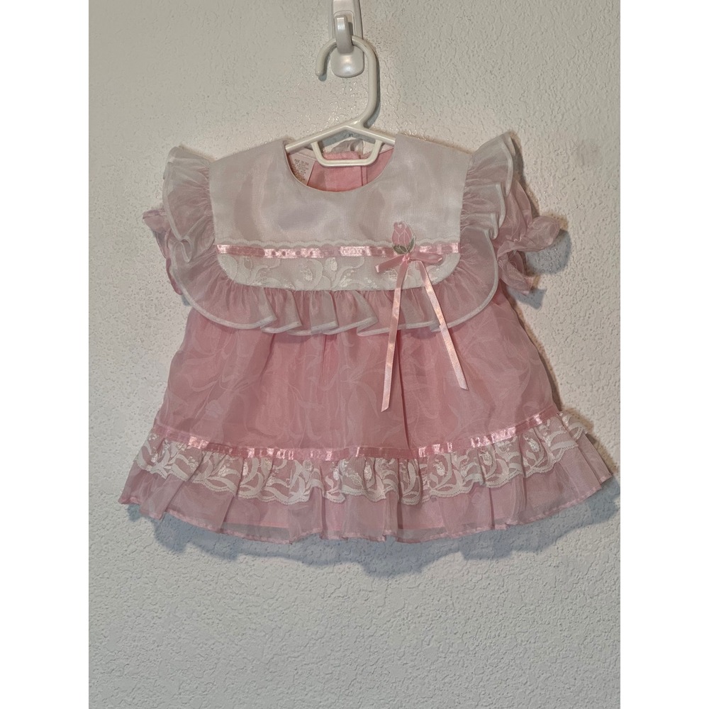 Vintage Pink Organza Ruffle Baby Dress Floral Lace 12 Months Made in USA 4357
